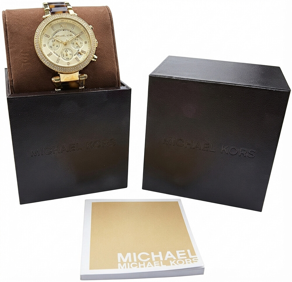 Michael Kors Parker MK5688 Chronograph Watch Gold Tone Tortoise Crystal Bezel